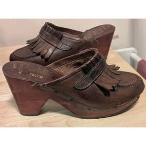 Footworks Pomono Women's 10M Wood Leather Clogs Brazil Studded Tassles Platform